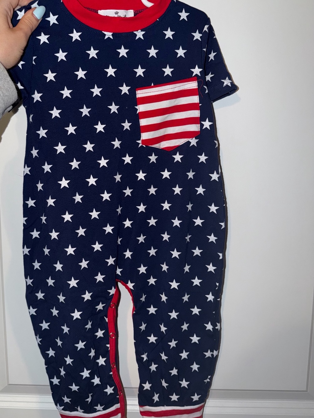 18-24M Navy Star Print Baby Romper with Red Striped Pocket